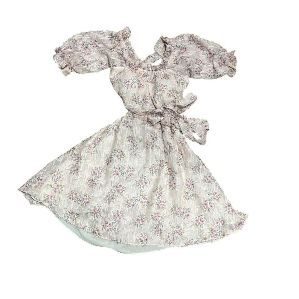 Ruby Floral Criss Cross Tie Back Mini Dress with Ruffle Puff Sleeves